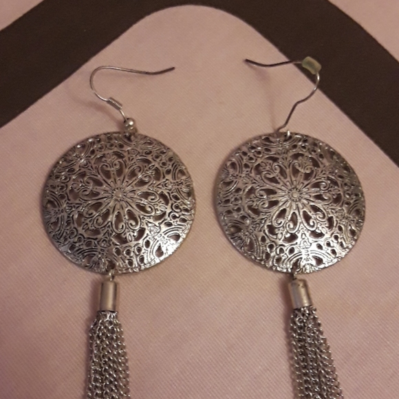 Earrings- Long Silver Tassel - Picture 2 of 4